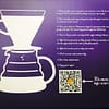 Inside lid view of Vietnamese Coffee Co. Modern Discovery pack. Image shows cartoon of V60 coffee brewer. Accompanying text instructions detail how to brew a Vietnamese coffee using a V60. Also shown a scannable QR code which can be used to find out more information.