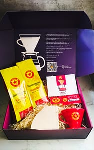 Vietnamese coffee gift box. Two varieties of Vietnamese Coffee from our Modern range and a ceramic branded V60.