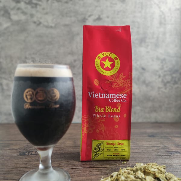 A bag of Bia blend Vietnamese coffee. Pictured with a glass of beer and some hops.