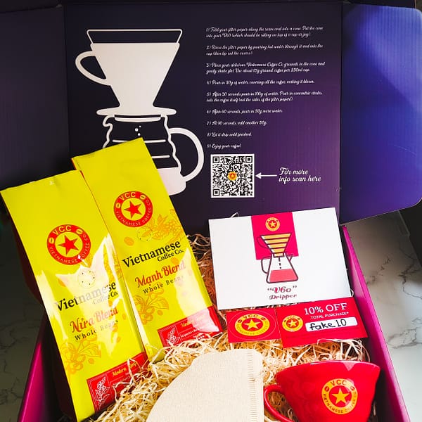 Vietnamese coffee gift box. Two varieties of Vietnamese Coffee from our Modern range and a ceramic branded V60.