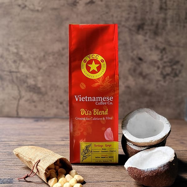 A bag of Dua blend coconut flavored Vietnamese coffee.